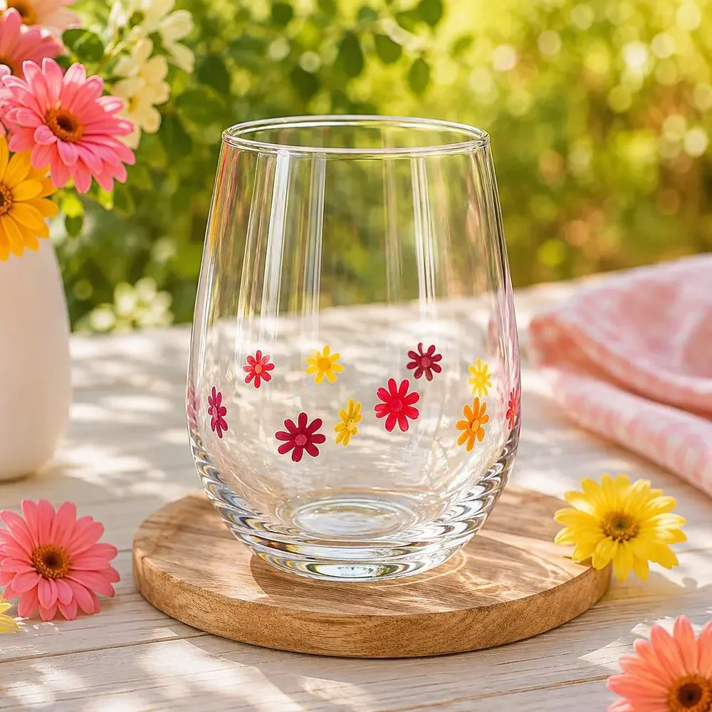 Flower Power Stemless Wine Glass Colorful Daisy Floral Design Handmade NEW